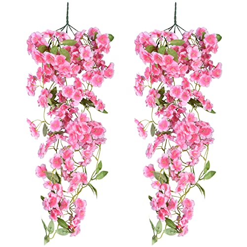 Hanging Flowers Artificial Cherry Blossom UV Resistant Plants Fake Hanging Vines Fake Hanging Plants for Spring Decor, Home Garden Office Wedding Decor, 2PCS Decorate(Deep Pink) - Deep Pink
