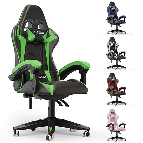 bigzzia Ergonomic Gaming Chair - Gamer Chairs with Lumbar Cushion + Headrest, Height-Adjustable Office & Computer Chair for Adults, Girls, Boys (Without footrest, Green) - Green - Without footrest