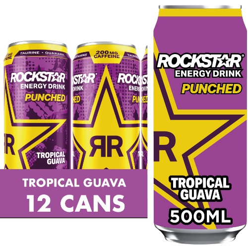 Rockstar, Punched Energy Drink Tropical Caffeinated Drink with Taurine Guarana Ginseng BVitamins 500 ml cans, Guava (Pack of 12)