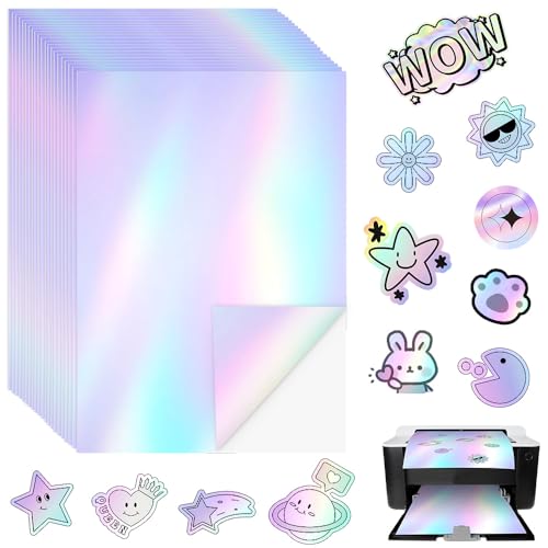 Sticker Paper for Printer A4, ADERTOS 24 Sheets Holographic Vinyl Sticker Paper Printable Self Adhesive Printer Paper Waterproof Sticky Label Overlay Lamination Sticker Film for Inkjet Laser Printer - Holographic Effect