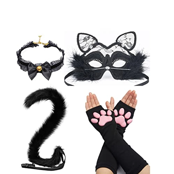 Cat Paw Gloves Mittens with Cat Ears Mask Cute Cat Paw Toe Beans Socks Stockings Set for Women Girls Halloween Cat Cosplay
