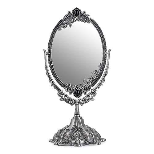 JUXYES Metal Tabletop Antique Decorative Makeup Mirror with Stand, Vintage Swivel Double Sided Cosmetic Mirror with Frame, Retro Desktop Oval Dressing Mirror for Bathroom Bedroom - Small - Silver