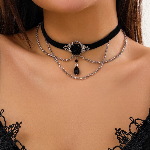 Black Rose Crystal Chain Choker - black