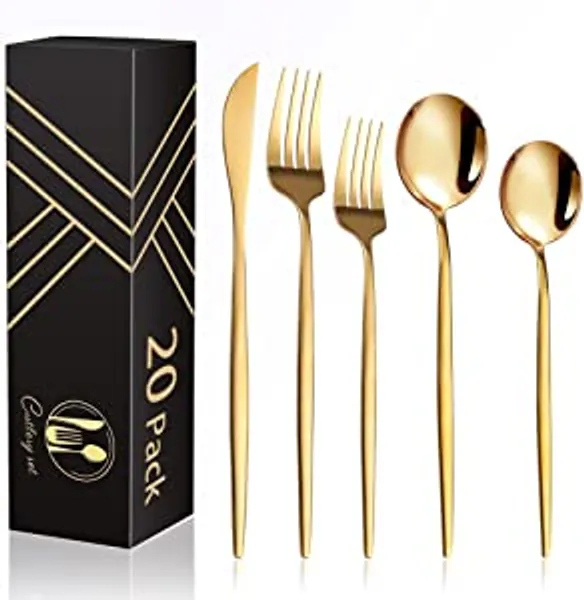 20-Piece Gold Silverware Set for 4, Titanium Gold Plated Stainless Steel Flatware Set, Golden Cutlery Set for Home and Restaurant, Daily Utensil, Mirror Polished, Dishwasher Safe, Serving for 4