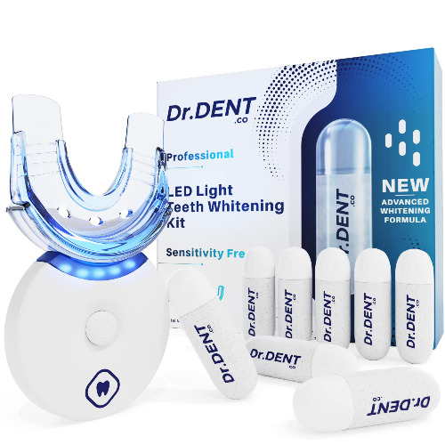 DrDent Professional LED Teeth Whitening Kit - Sensitivity Free Formula - 8 Teeth Whitening Gel Pods 33.6ml - Helps to Remove Stains - Includes Mouth Tray & Shade Guide - Rapid & Effective Results