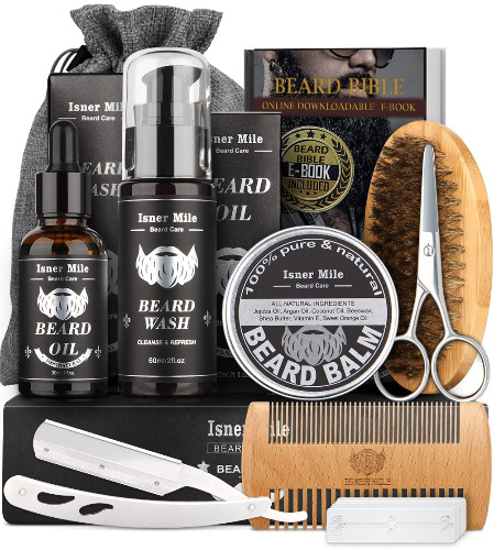 Isner Mile Beard Grooming Kit for Men, Perfect Fathers Gifts for Dad Him Husband Boyfriend, with Beard Shampoo Wash, Growth Oil, Balm, Trimming Set Include Brush, Comb, Scissors