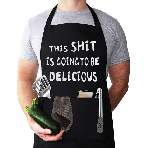 Funny Apron for Men, Chef Bib Apron with 2 Pockets, Adjustable Neck Strap and 40" Long Ties – Perfect for Kitchen Cooking, BBQ, Baking, Gifts for Husband, Dad, Wife, Mom, - 