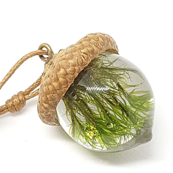English Acorn Pendant Necklace for Women and Men. Handmade Natural Gift of Moss Jewelry for Motherhood, Maternity, or as Spiritual Unique Gifts Set in Eco Resin - 