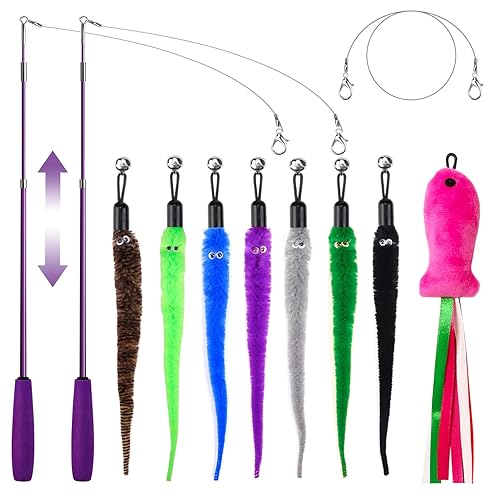 11PCS Cat Wand Toy, Cat Toys Interactive for Indoor Cats, 2 Retractable Cat Wand, 7 Worm Cat Teaser Toys and 1 Plush Fish Cat Toy, Cat Feather Toys for Play Chase Exercise with Kitten, Extra 1 Line