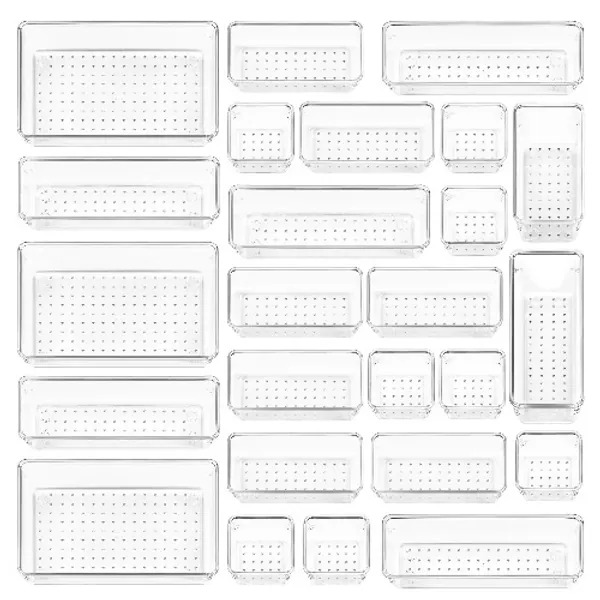 25 PCS Clear Plastic Drawer Organizers Set, Vtopmart 4-Size Versatile Bathroom and Vanity Drawer Organizer Trays, Storage Bins for Makeup, Jewelries, Kitchen Utensils and Office