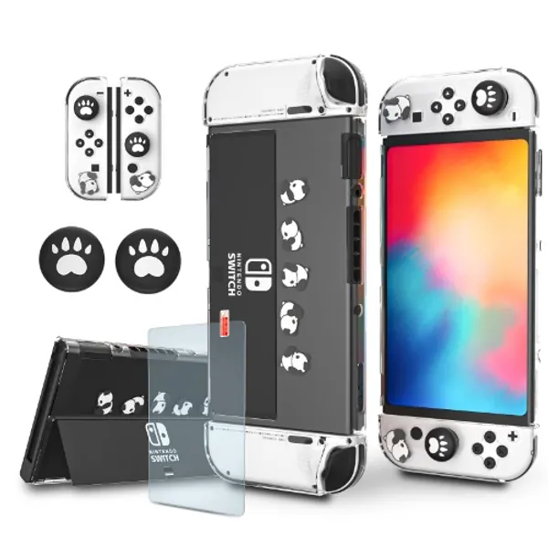 Switch OLED Clear Case,Switch OLED Panda Case,Switch OLED Case with Panda Pattern, 2 Cat paw Thumb Grips and 1 Tempered Glass Screen Protector