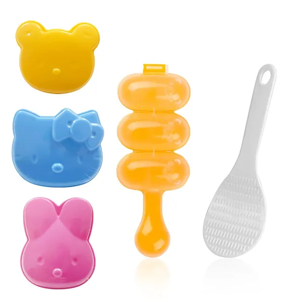 Rice Ball Molds, 5 Pcs Sushi Balls Making Mould for Home, Restaurant, Sushi Making Kit (1 Rice Ball Mold & 3 Animal Rice Decorating Mold & 1 Spoon)