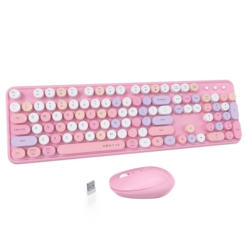 UBOTIE Colorful Computer Wireless Keyboard Mice Combo, Retro Typewriter Flexible Keys Office Full-Sized Keyboard, 2.4GHz Dropout-Free Connection and Optical Mouse (Pink-Colorful) - Pink-colorful