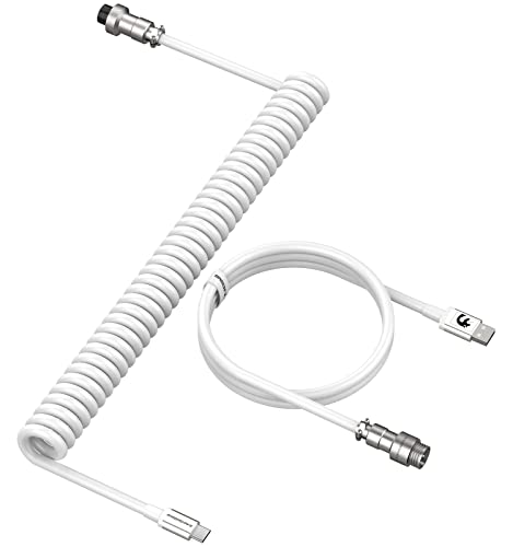 LexonElec Custom Coiled Keyboard Cable, 2.0M(0.66ft) USB-C to USB-A TPU Mechanical Keyboard Cable, Detachable Metal Aviator Double-Sleeved Wire for Gaming Keyboard(White) - C01 - White