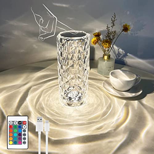 KINDAN Creative 16 Color Touching Control Rose Crystal Lamp, Table Lamps for Bedroom USB Charging Bedside Romantic Night Light, Ultra-Long Battery Life Diamond Petal Table Lamp, for Bar/Restaurant