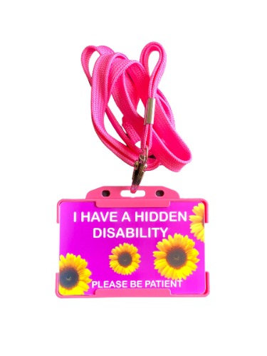 Tarjeta de concientización de discapacidad de la condición de salud oculta rosa y cordón rosa
