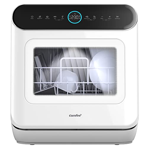COMFEE' Mini Plus Dishwasher TD305-W Compact Table Top Dishwasher with 3 Place Settings, 7 Programmes, Touch Control, LED Display, Delay Start and Off-peak Wash Function - White - 3 Place Setting