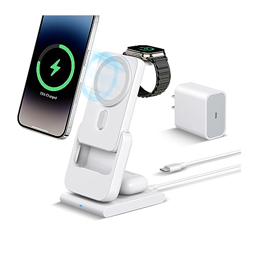 DDUAN 3 in 1 Wireless Charging Station, Foldable Fast Charger Stand with 5000mAh Mag-Safe Portable Battery Bank for iPhone 15/14/13/12, for All Apple Watch, for AirPods 2/3/Pro (White) - White