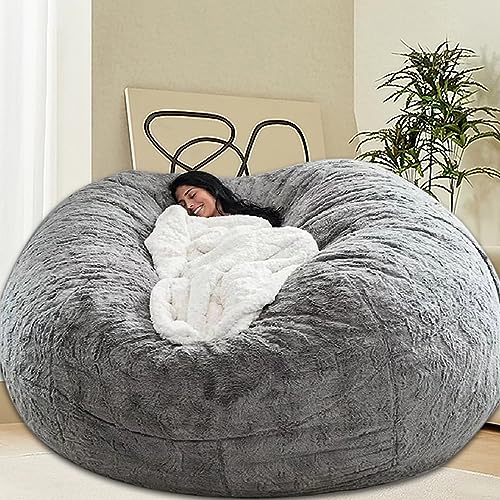 HDMLDP Bean Bag Chair for Adults Kids Without Filling Comfy Fluffy Giant Round Beanbag Lazy Sofa Cover for Reading Chair Floor Chair, 7FT, Grey - 7FT - Grey