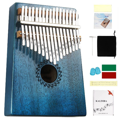 Kalimba Thumb Piano 17 Keys with mahogany Wood Portable Mbira Finger Piano Gifts for Kids and piano Beginners Professional （Bright blue） - Blue