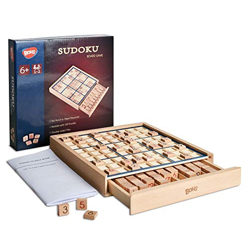 Wooden Sudoku Board Game with Drawer - with Book of 100 Sudoku Puzzles - Math Brain Teaser Desktop Toys