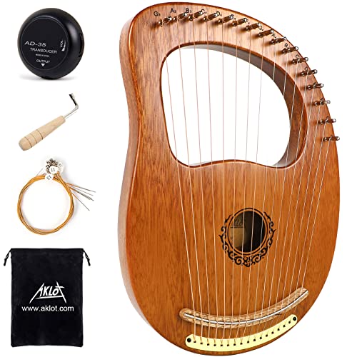 Lyre Harp, AKLOT 16 Metal Strings Maple Saddle Mahogany Body Lyra Harp with Carved Note Tuning Wrench Pick up Strings and Black Gig Bag - Dark Brown
