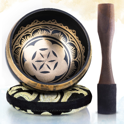Tibetan Singing Bowl Set ~ Easy to Play with Dual-End Striker & Cushion ~ Creates Beautiful Sound for Holistic Healing, Stress Relief, Meditation & Relaxation ~ Power & Strength~ Black Glossy Bowl with Black Pillow - Glossy Black