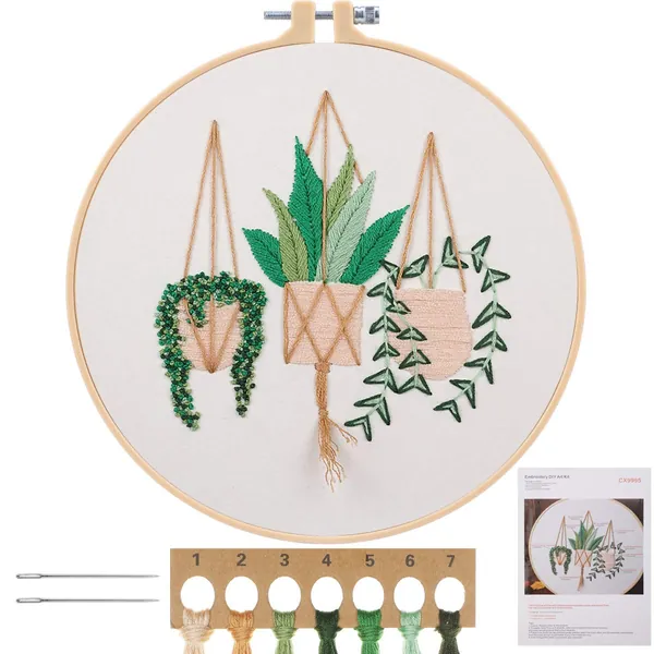 MWOOT Full Range Embroidery Starter Kit, DIY Cross Stitch Stamped Embroidery Kit for Adults Beginner Starter (Plants Flowers) - White