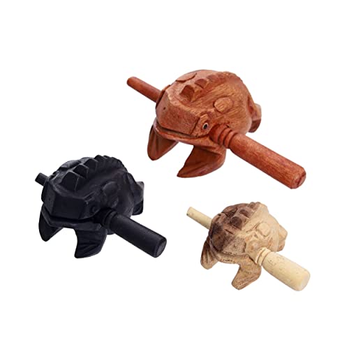 Wooden Percussion 3 Piece Set of 4 Inch Brow Frog, 3 Inch Black Frog, 2 Inch Natural Wood Frog