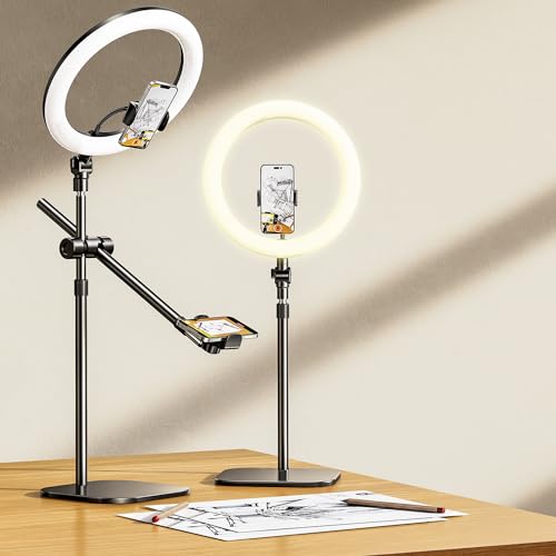 Overhead Phone Mount,Overhead Camera Stand[Anti-Shaking] with 10.5" Ring Light,Desk Stand for iPhone with Ring Light for Video Recording,Zoom Meeting,YouTube,TikTok (Set 1) - Set 1