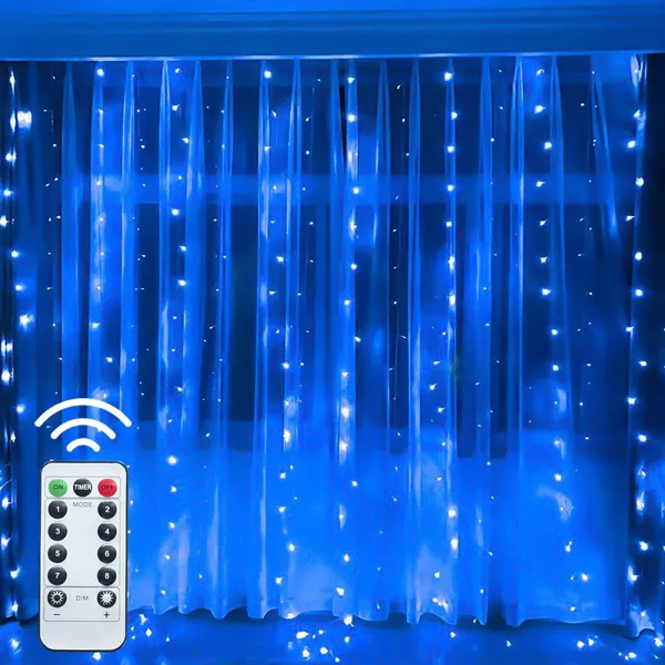 Twinkle Star 300 LED Window Curtain String Light with Remote Control Timer for Christmas Wedding Party Home Garden Bedroom Outdoor Indoor Decoration, Blue - Blue