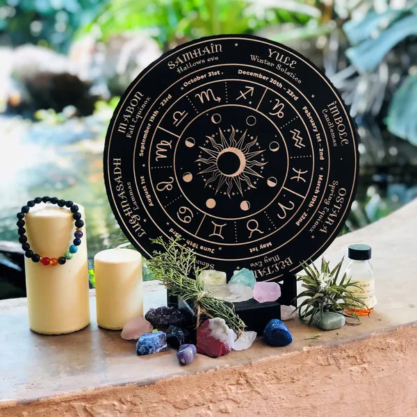 Wicca Wheel Of The Year - 11" Witch Altar for Pagan Décor. Perfect Wiccan Supplies and Tools, Summer Solstice Decoration, Witchy Room Décor, Witchcraft Gifts. Crystal Grid, Pendulum Board or Calendar - 