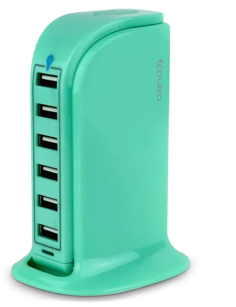 Aduro 40W 6-Port USB Desktop Charging Station Hub Wall Charger for iPhone iPad Tablets Smartphones with Smart Flow (Turquoise) - Turquoise