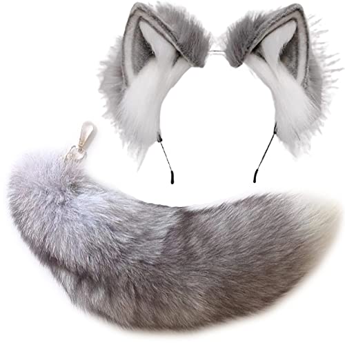 Valpeak Fox Ears and Tail Therian Tail Gear Wolf Ears for Kids Fluffy Therian Stuff Fox Costume for Girls Over 1 Years Old - Expear-grey