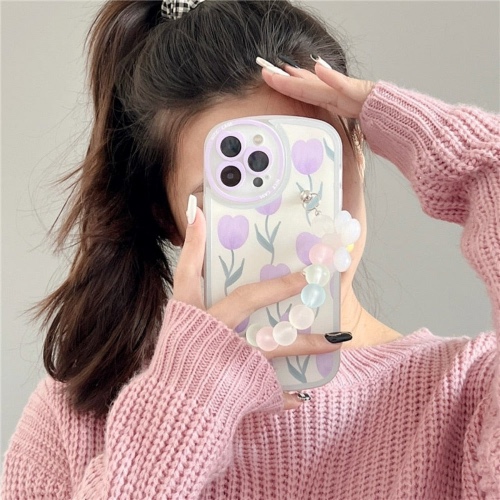 Floral Pattern Phone Case with Wrist Strap - iPhone 14ProMax / Purple