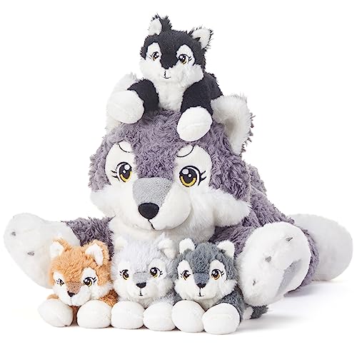 IKASA Mommy Wolf Stuffed Animal Mom and Baby Plush Toy, Cute 18" Soft Small Fluffly Mama Family Set Toy with Little Mini Babies,Gifts for Kid (Wolf) - Wolf