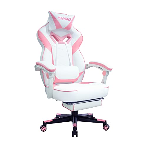 HEADMALL Pink Gaming Chair with Footrest Ergonomic Oversized Manufactured by Listed Company,Video Game Chairs with Lumbar and Head Pillow, for Adults Teens Secret Lab Pink&White - White & Pink With Footrest