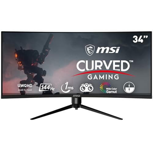 MSI Optix MAG342CQR 1500R Curvature 21:9 Aspect Ratio Narrow Bezel 1ms 3440 x 1440 (UWQHD) 144Hz Refresh Rate Tilt/Swivel/Height/Pivot Adjustment 34" AMD Freesync Gaming Curved Monitor, Black - Optix MAG342CQR