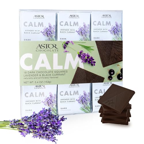 Astor Chocolate Calm Dark Chocolate Lavender Black Currant Squares Gift Set | Chocolate Lovers Mini Bar Box l 18pc Individually Wrapped Calming Belgian Chocolate Basket | 0.33oz Each Minibar Gourmet Snack | Kosher Food Candy Holiday Bars - Calm