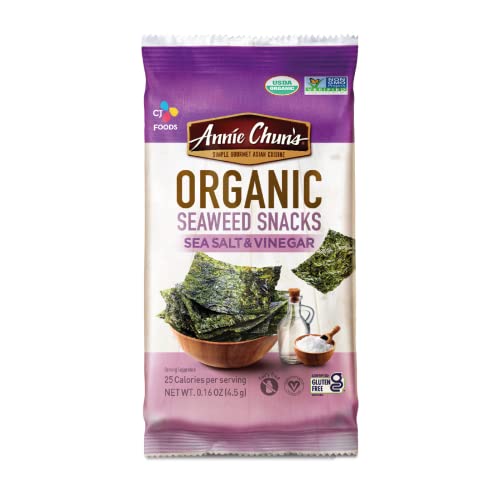 Annie Chun's - Crispy Organic Seaweed, Sea Salt & Vinegar Flavor, Keto, Vegan, Gluten-Free, Dairy Free, Light & Airy, Hearty & Delicious Snacks, 0.16-Oz (Pack of 12) - Sea Salt & Vinegar