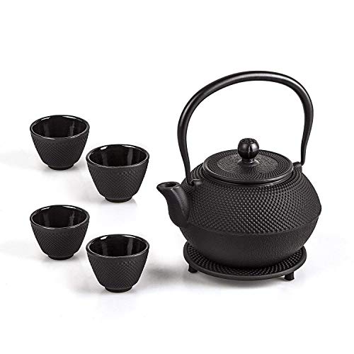 6-piece Japanese Cast Iron Pot Tea Set Black w/Trivet (40 oz) - 40 oz/ 4-piece