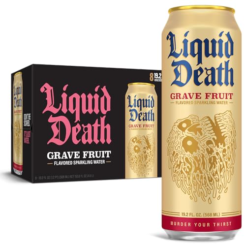 Liquid Death Flavored Sparkling Water with Agave, Grave Fruit, 19.2oz King Size Cans (8-Pack) - Grave Fruit - Sparkling - 19.2 Fl Oz (Pack of 8)