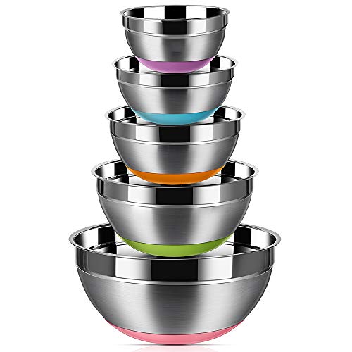 REGILLER Stainless Steel Mixing Bowls (Set of 5), Non Slip Colorful Silicone Bottom Nesting Storage Bowls, Polished Mirror Finish For Healthy Meal Mixing and Prepping 1.5-2 - 2.5-3.5 - 7QT (Colorful) - Multicolor