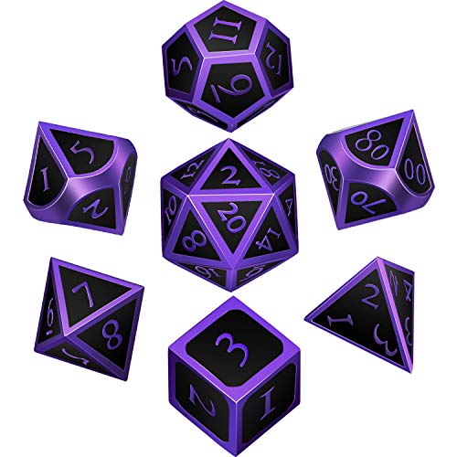 Hestya 7 Pieces Metal Dices Set Game Polyhedral Solid Metal Dice Set with Storage Bag and Zinc Alloy with Enamel for Role Playing Game, Math Teaching (Purple Edge Black) - Purple Edge Black