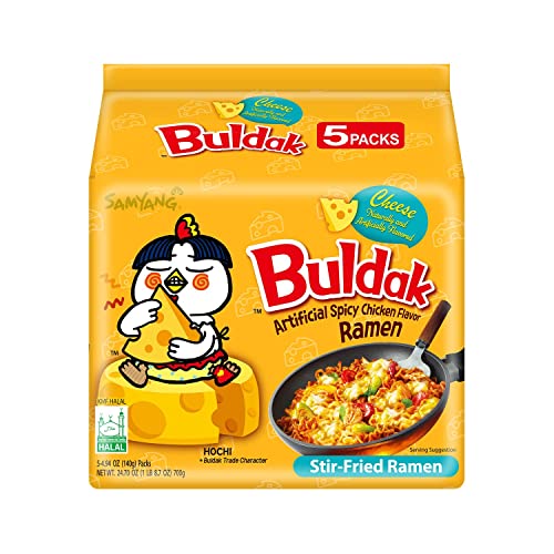 Samyang Buldak Spicy Ramen, Hot Chicken Ramen, Korean Stir-Fried Instant Noodle, Cheese, 1 Bag with 5 Pack - 4.94 Ounce (Pack of 5)