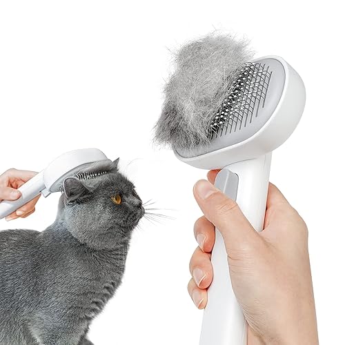 aumuca Cat Brush with Release Button, Cat Brushes for Indoor Cats Shedding, Cat Brush for Long or Short Haired Cats, Cat Grooming Brush Cat Comb for Kitten Rabbit Massage Removes Loose Fur, White - White