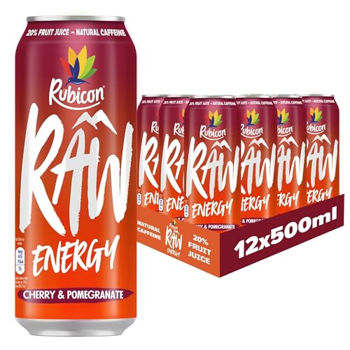 Rubicon RAW Cherry & Pomegranate Energy Drink, 20% Fruit Juice, High Caffiene with B-Vitamins, Ginseng & Guarana, No Artificial Colours or Flavours, Reduce Tiredness & Boost Energy - 12 x 500ml Cans - Cherry & Pomegranate - 500ml | 12 Cans