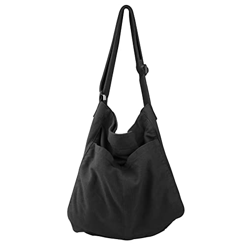 Canvas Hobo Crossbody Shoulder Tote Bag for Women and Men W/Multi-pocket Casual Purse Messenger Bags Travel Work - Black