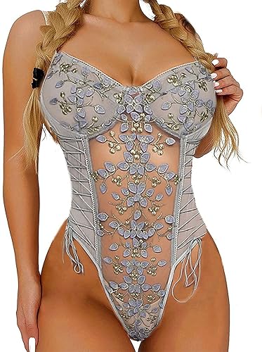 comeondear Lingerie Bodysuit One Piece Leotard Floral Teddy Mesh Bodysuit With Underwire Lace Up Embroidered Top Lingerie - 20-22 - Green