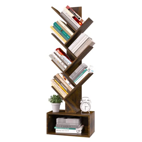Yoobure Tree Bookshelf - 6 Shelf Retro Floor Standing Bookcase, Tall Wood Book Storage Rack for CDs/Movies/Books, Utility Book Organizer Shelves for Bedroom, Living Room, Home Office, Rustic Brown - Rustic Brown